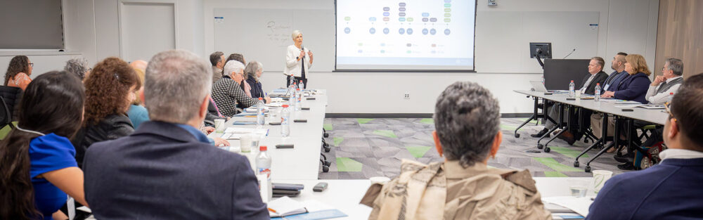 Pat speaking to a group in a meeting references a projector screen