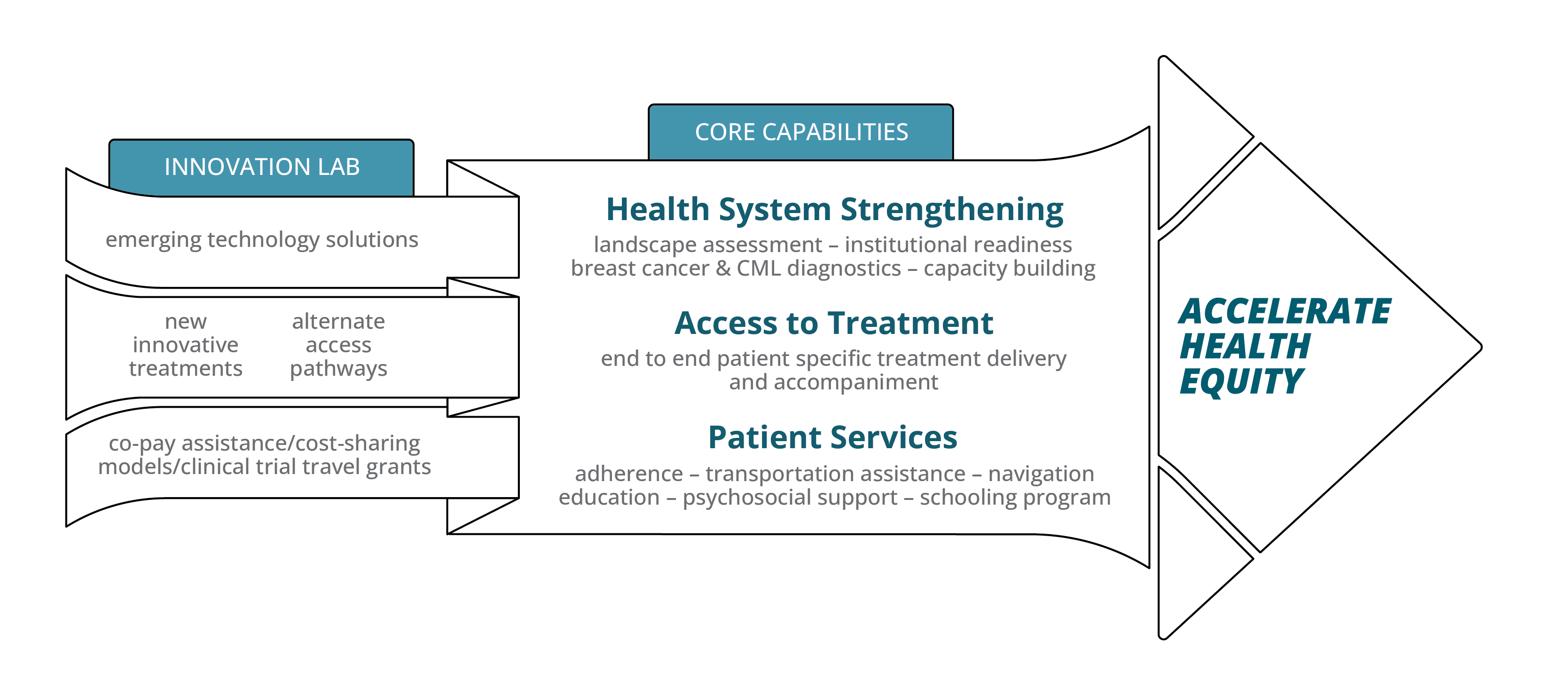 The Max Foundation's approach arrow graphic to accelerate health equity
